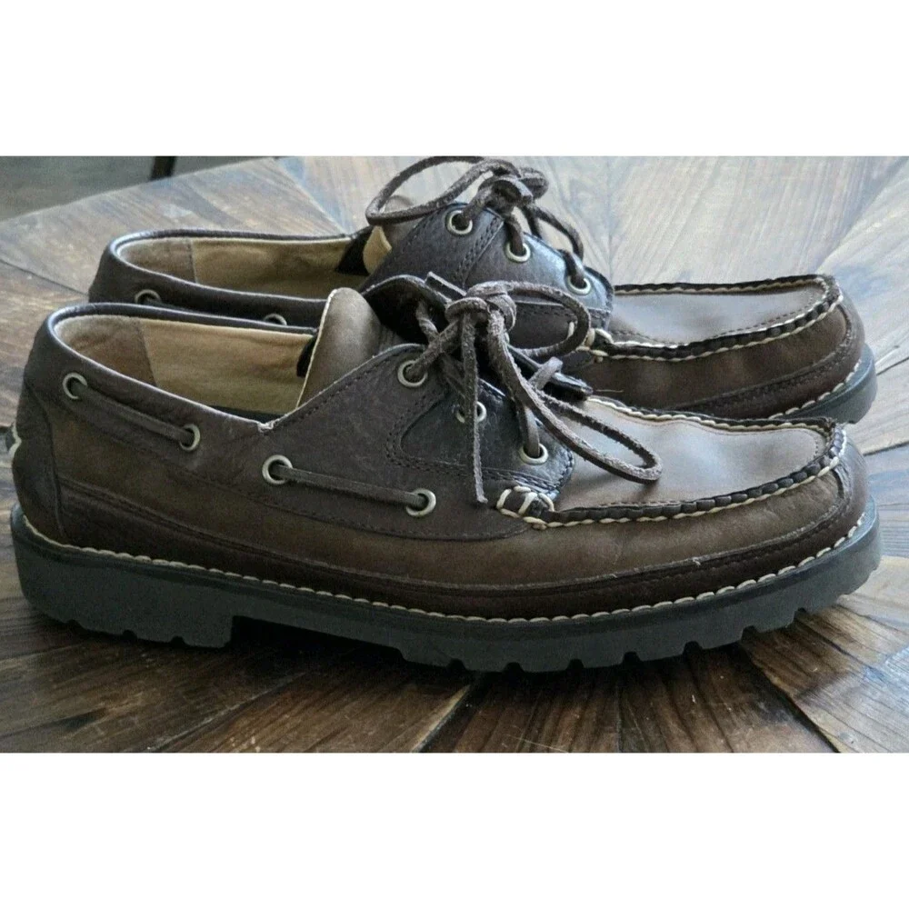 L.L.Bean Men's Leather Lace-Up Boat Shoes Brown Rubber Sole Round Toe 9 M